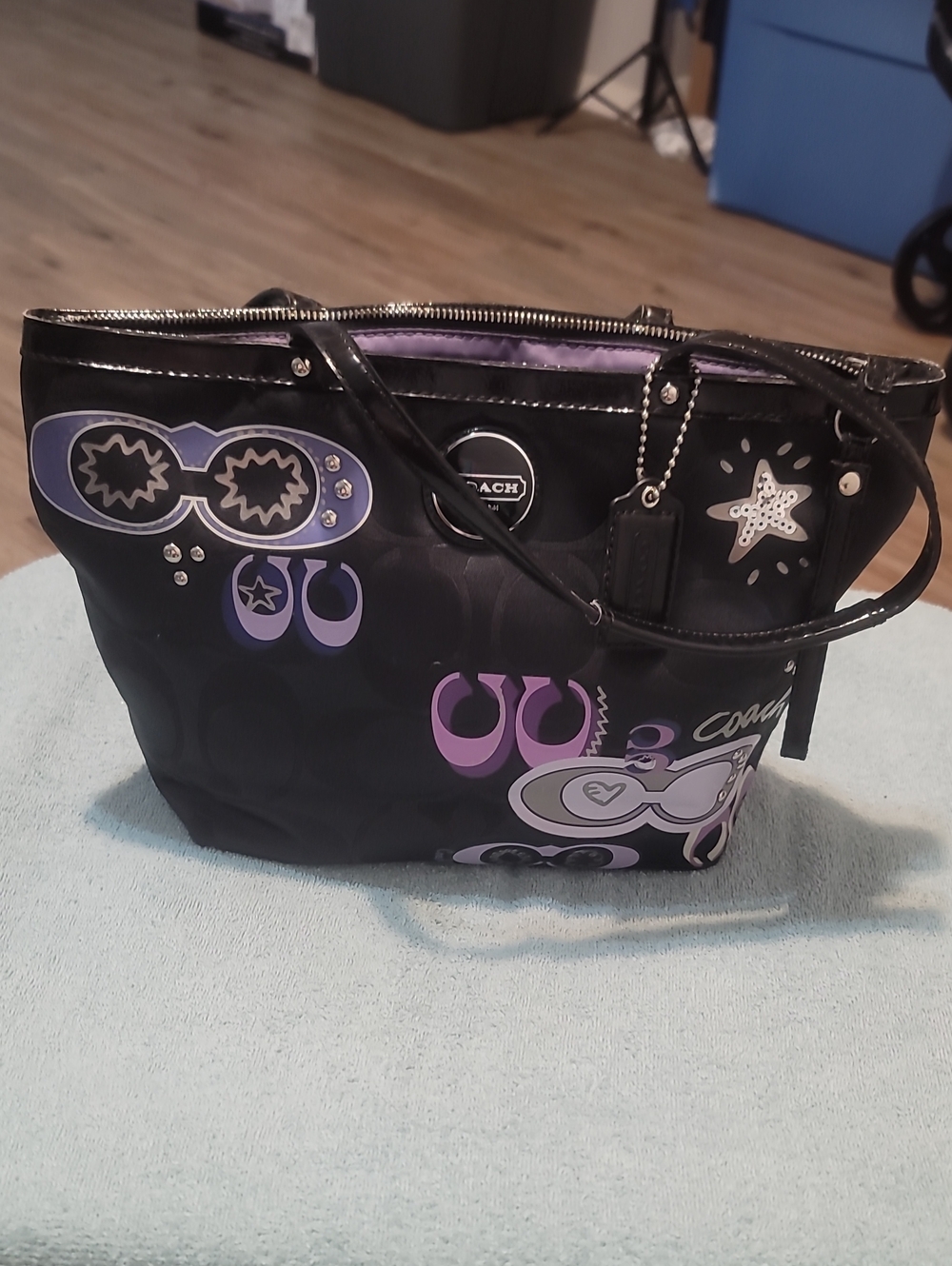 Coach Black Tote with Purple and Lilac Graphic Accents